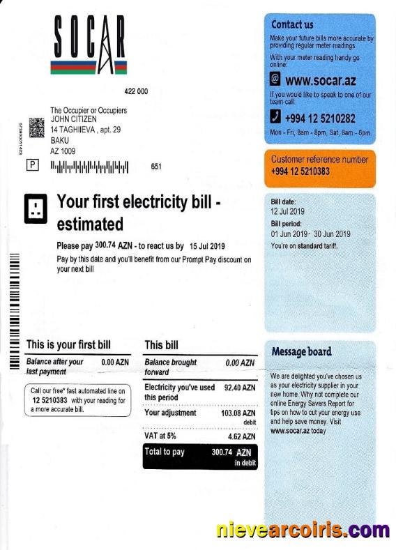 Azerbaijan Socar electricity utility bill